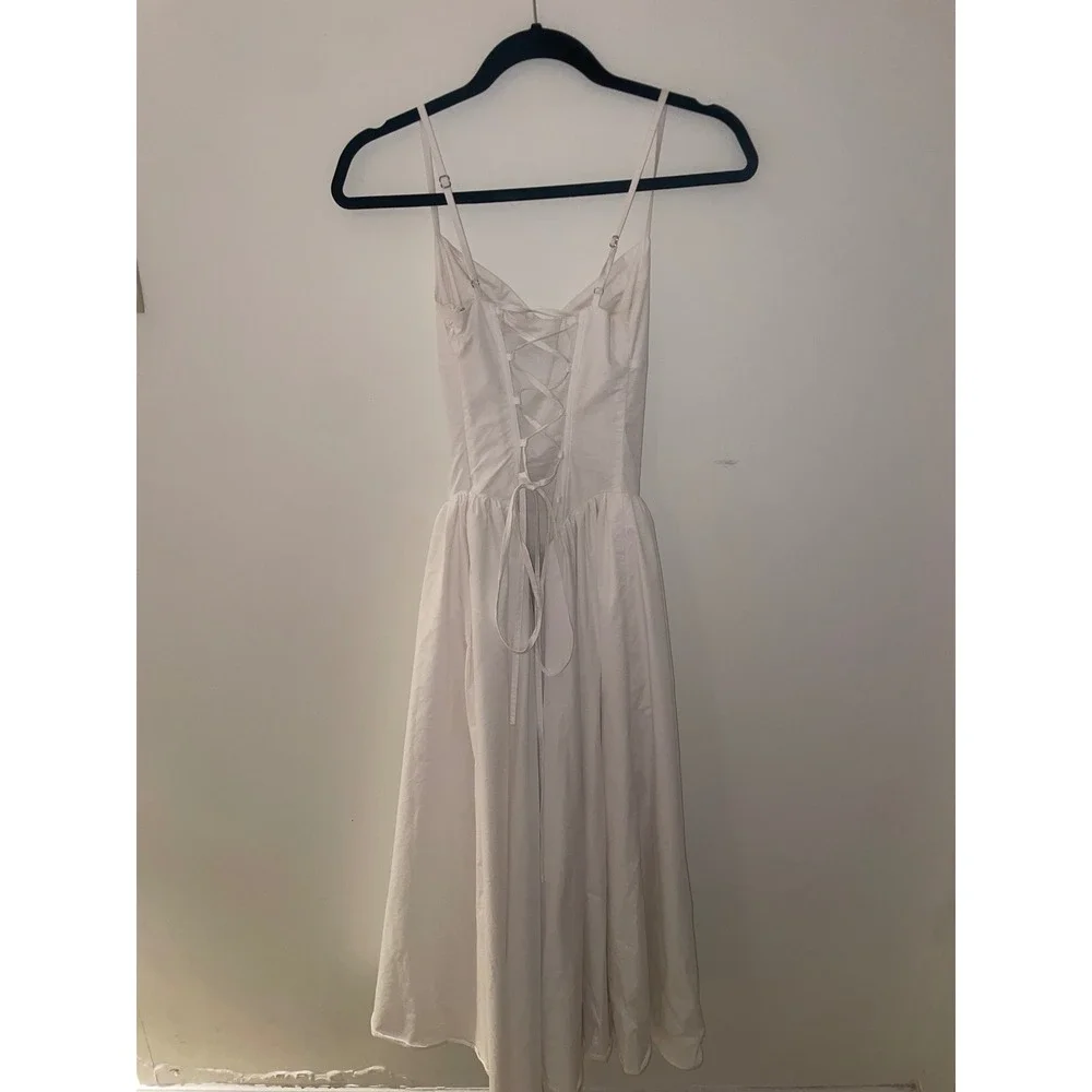 Babyboo Fashion White Corset Lace Up Back Midi Dress XS Pleated Full Skirt Sweet